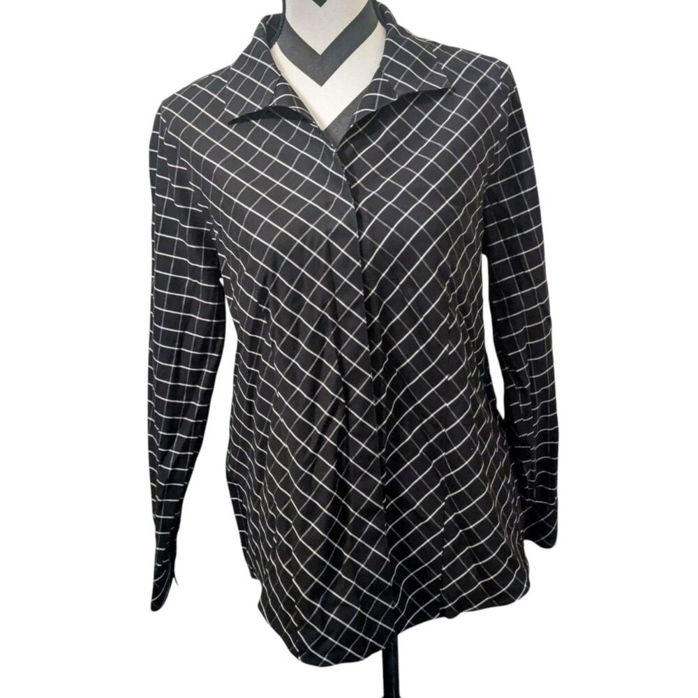 Chico's No-Iron Grid Check Blouse Size 0 (4/6) Black White Button Up
